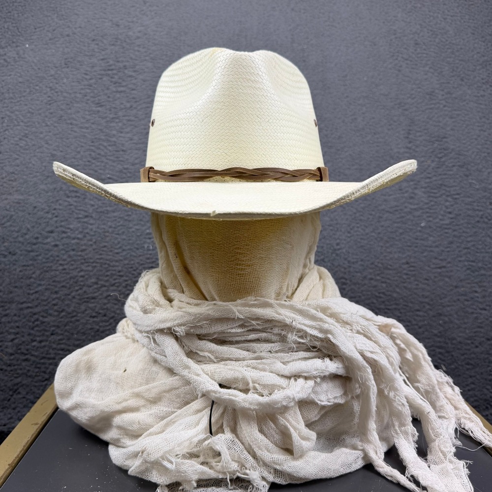 Stetson Straw Cowboy Hat Cream Large Size 7 Braided Leather Band Made in Mexico